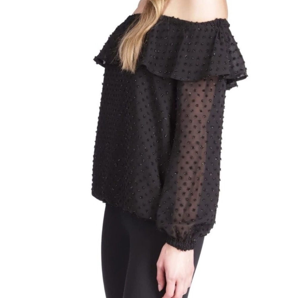 NWT $110 Michael Kors Women's XS Clip Chiffon Off Shoulder Top Black Sheer L/S
